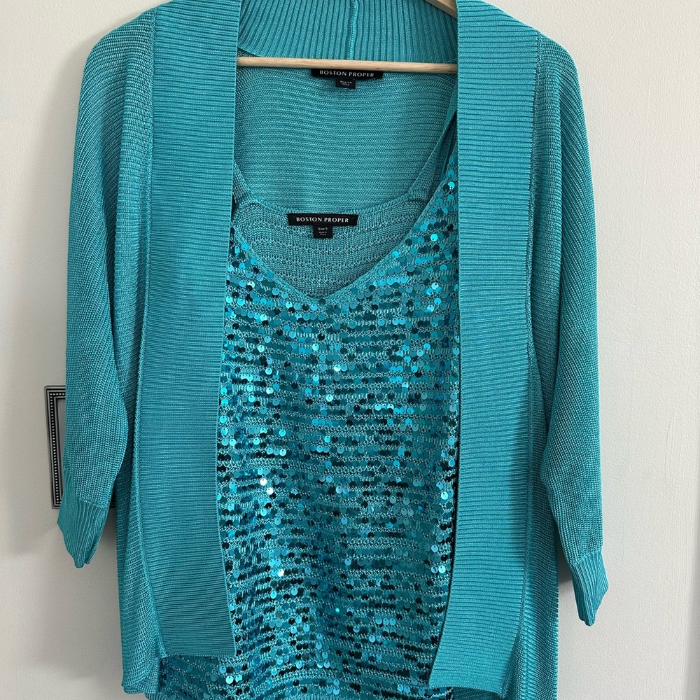 Boston Proper Effortless Cocoon Cardigan & Sequin V-Neck Sweater Tank Teal